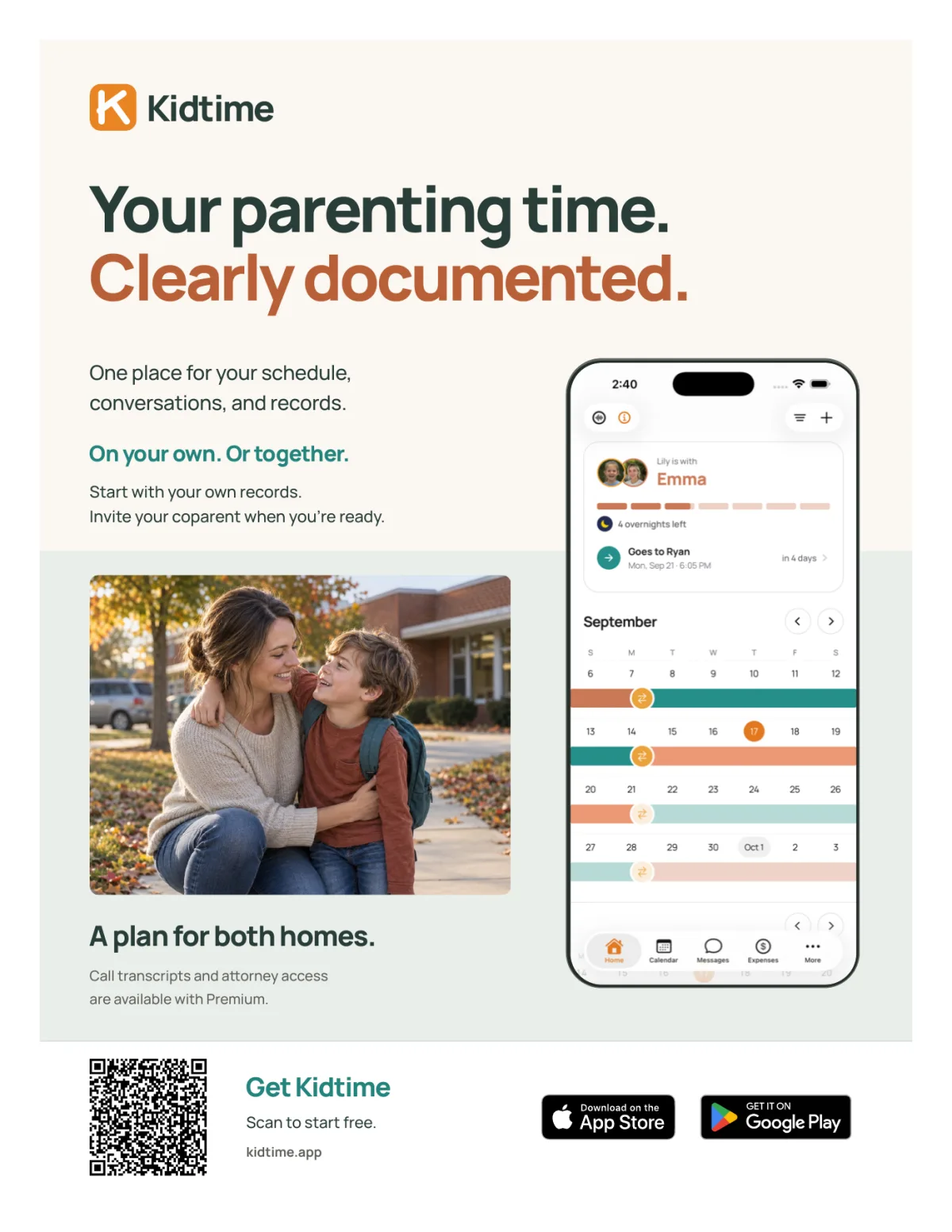 Kidtime display sheet with a school-pickup photograph