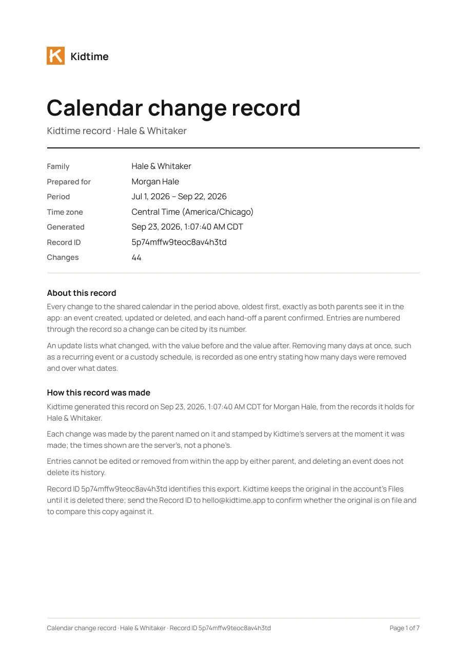 Page 1 of the sample Kidtime calendar change record export