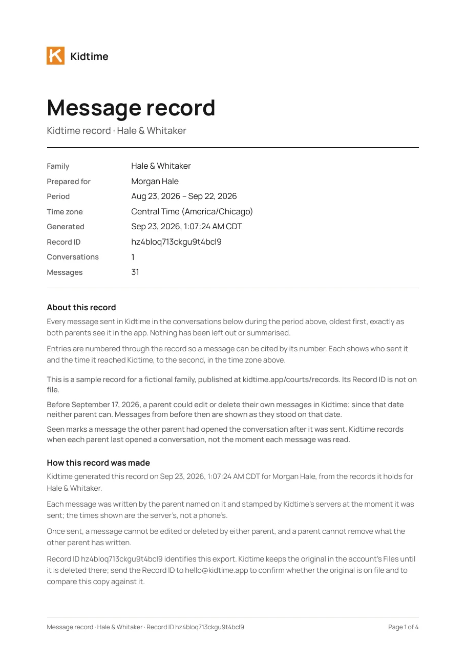 Page 1 of the sample Kidtime message record export