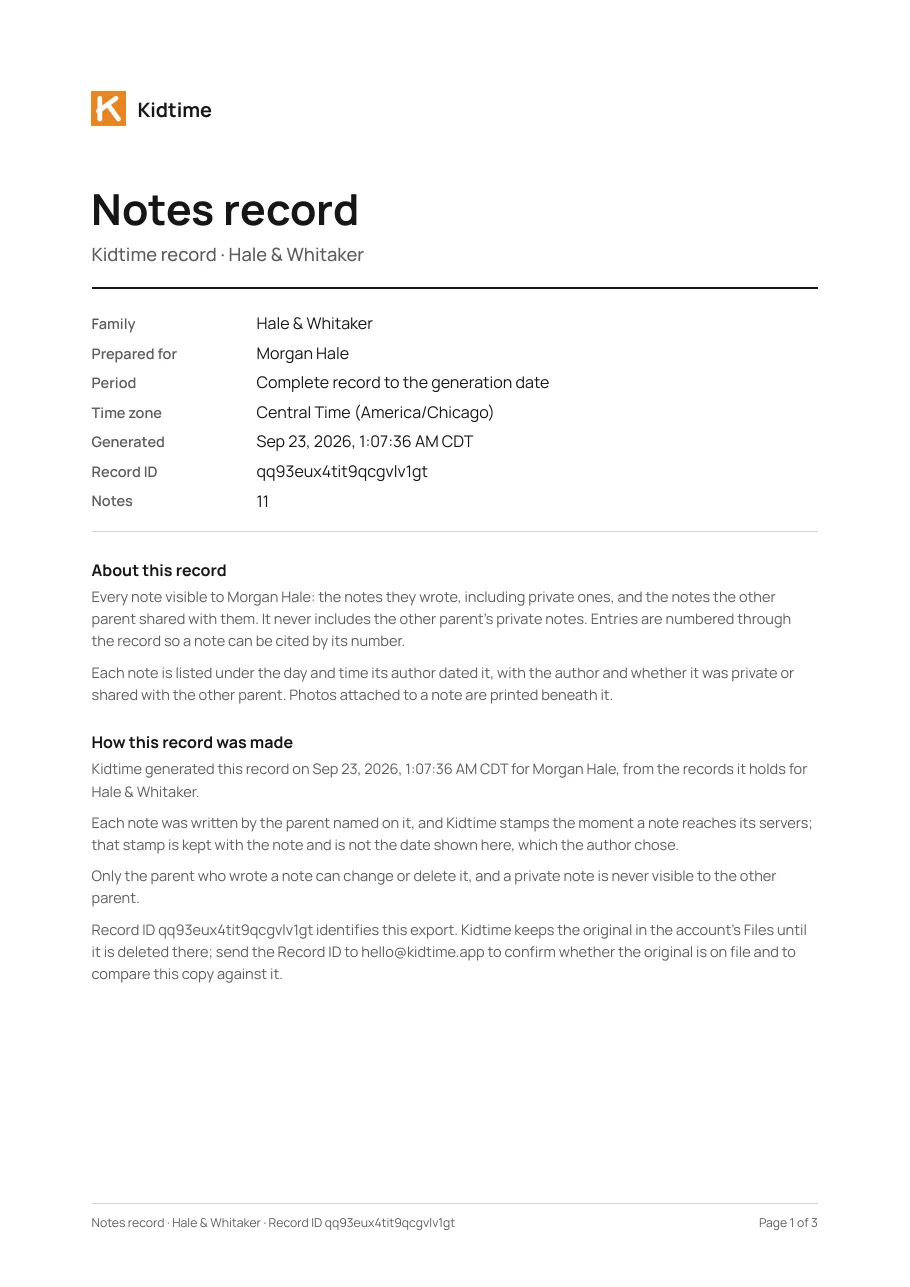 Page 1 of the sample Kidtime notes record export