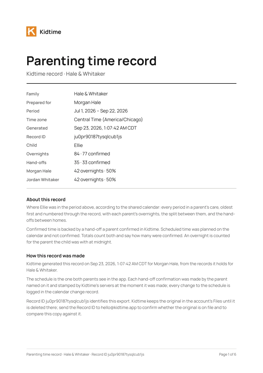 Page 1 of the sample Kidtime parenting time record export